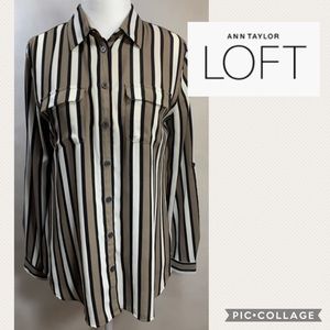 LOFT Black and Taupe Striped Button Up Blouse